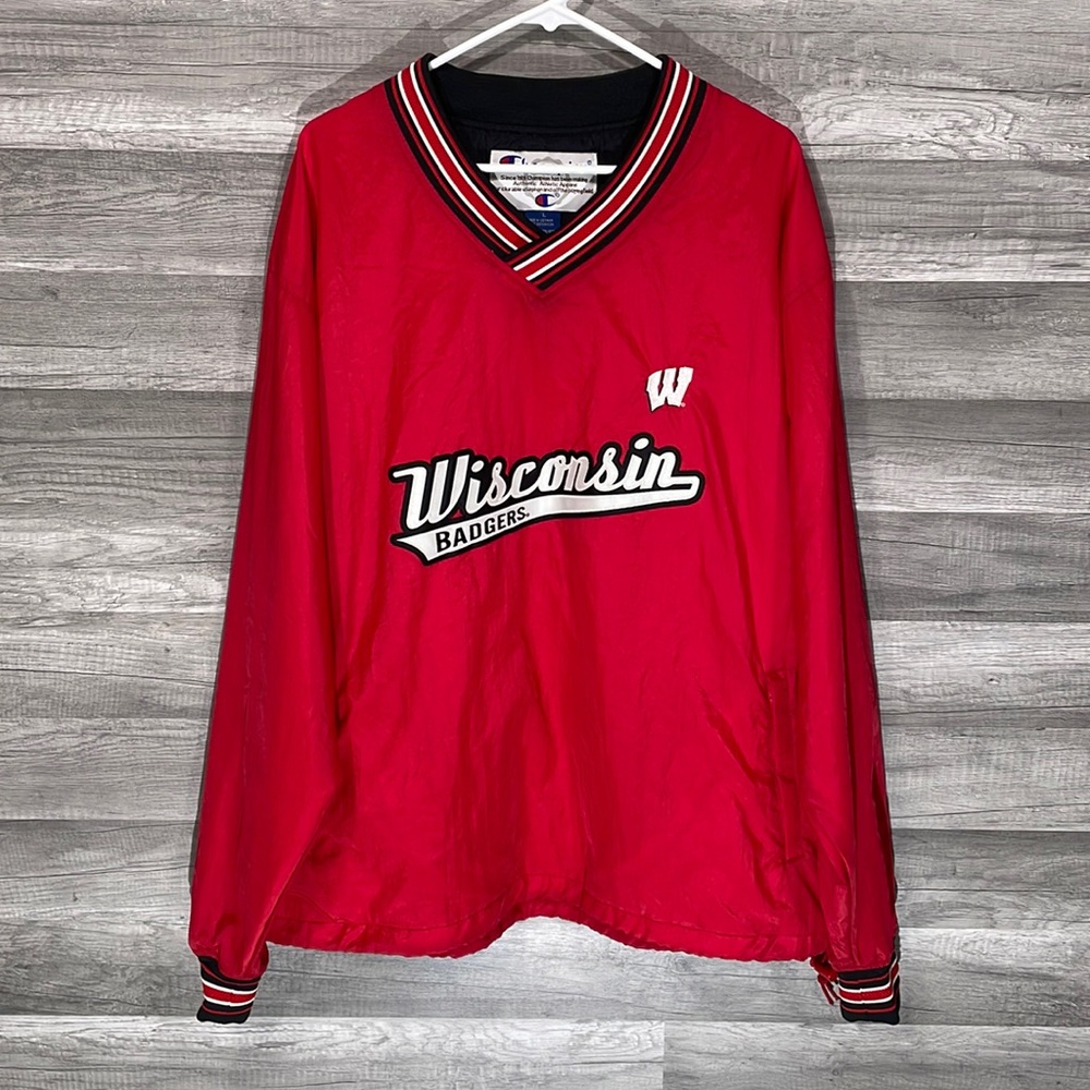 Vintage Wisconsin Badgers Champion Pullover V-Neck Windbreaker Red Jacket Mens